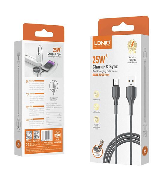Cable LDNIO LS852 USB a C 2 Metros Carga Rápida 25W Cordón Reforzado Negro