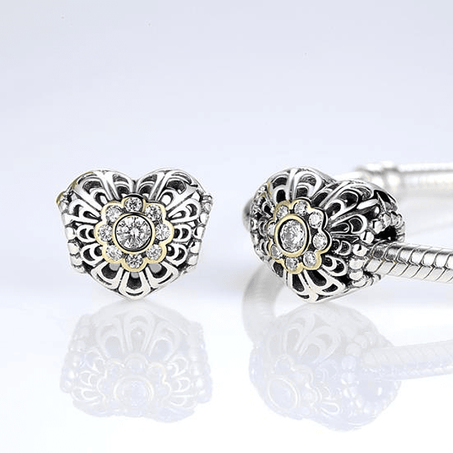 Corazón con Flor Calado Charm de Plata 925 