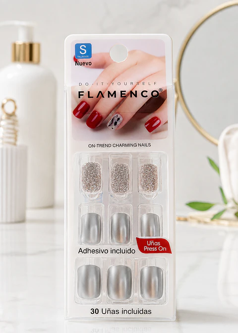 Flamenco Uñas Press On Talla S Cuadradas – 30 Unidades