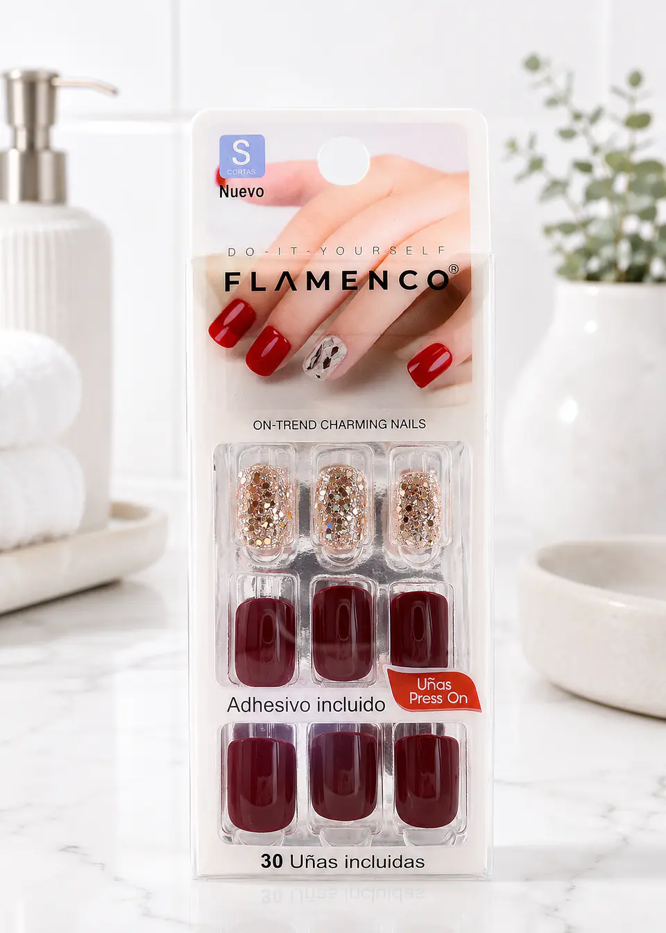 Flamenco Uñas Press On Talla S Cuadradas – 30 Unidades 1