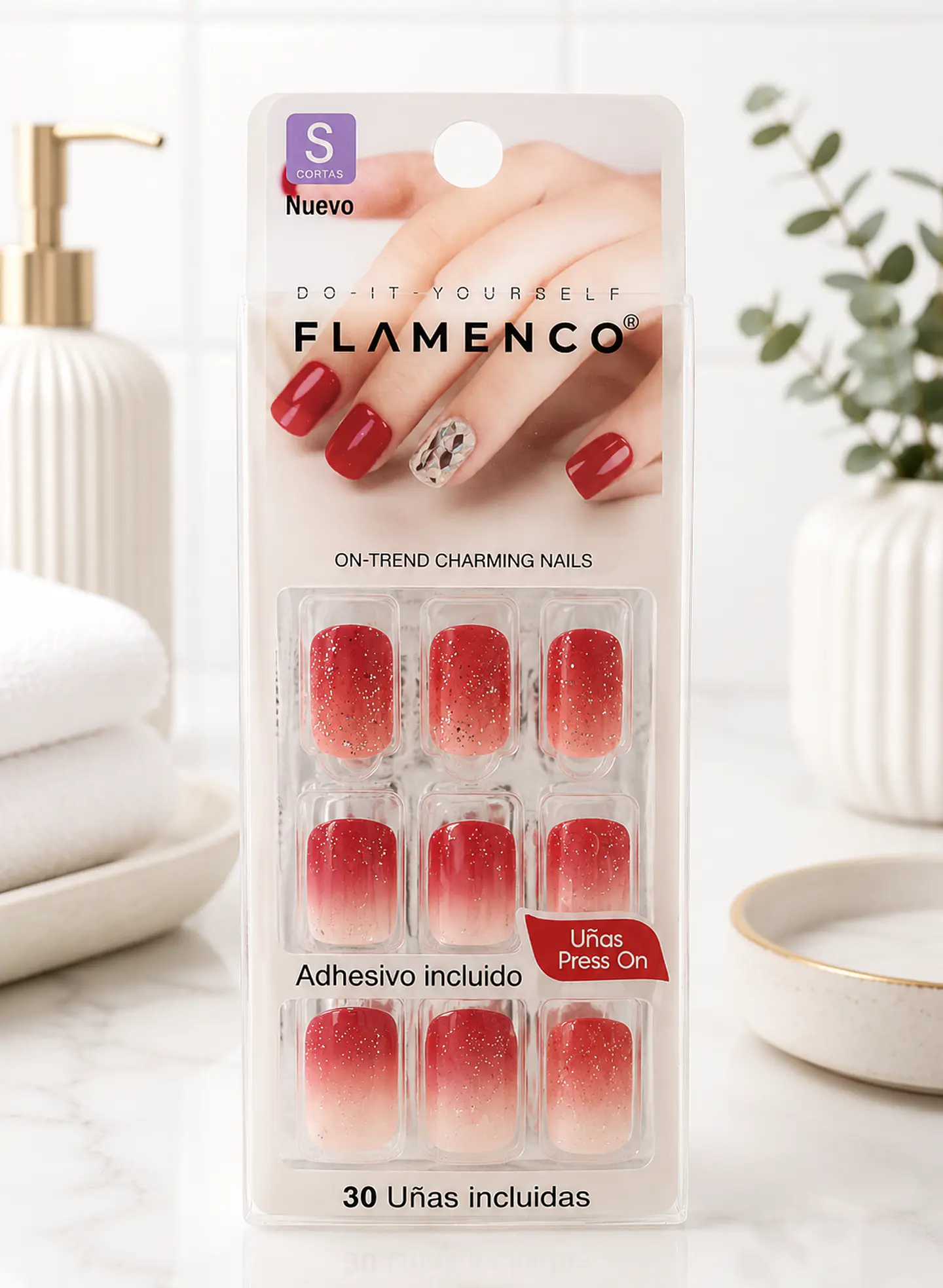 Flamenco Uñas Press On Talla S Cuadradas – 30 Unidades 1