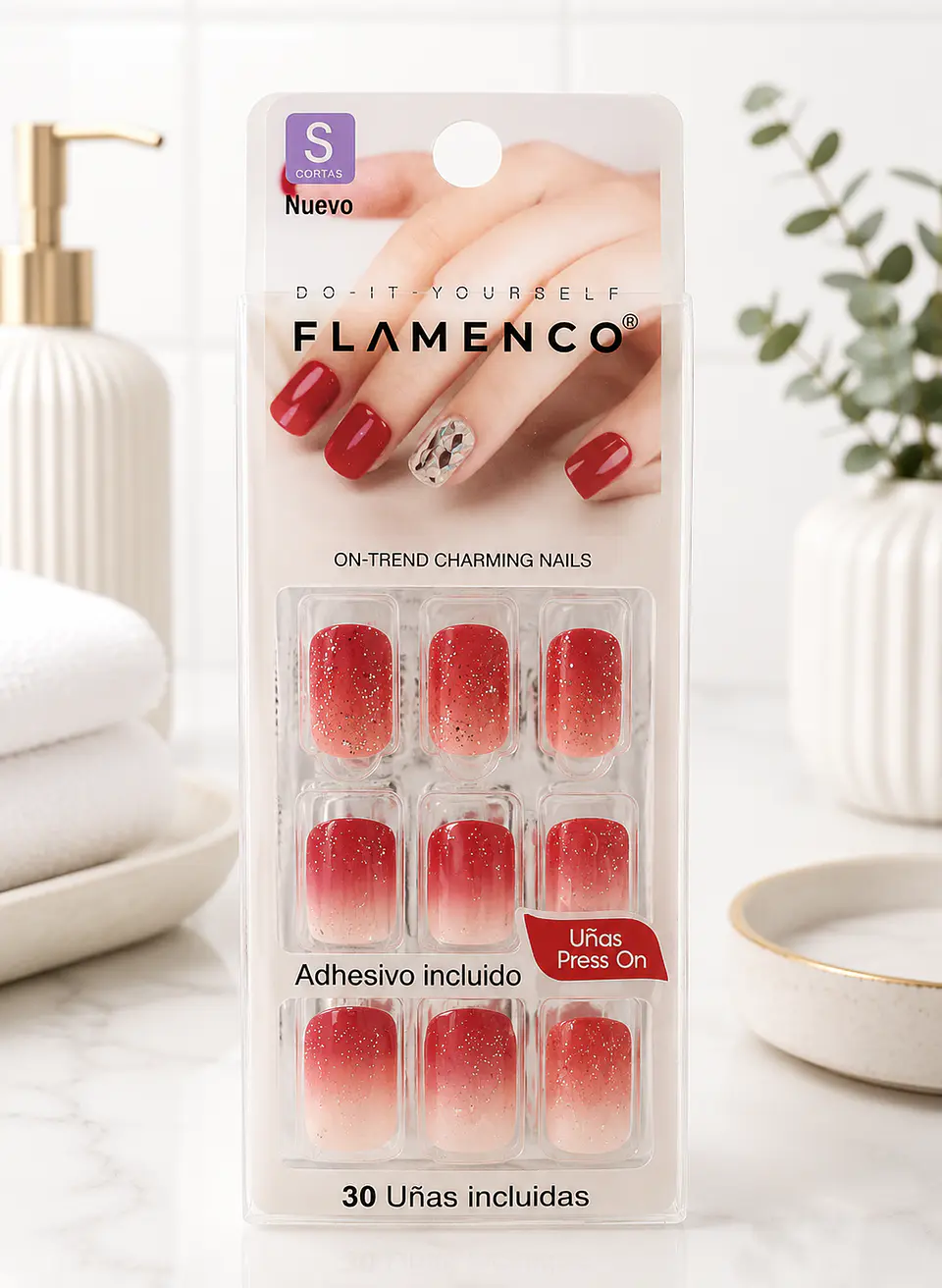 Flamenco Uñas Press On Talla S Cuadradas – 30 Unidades 1