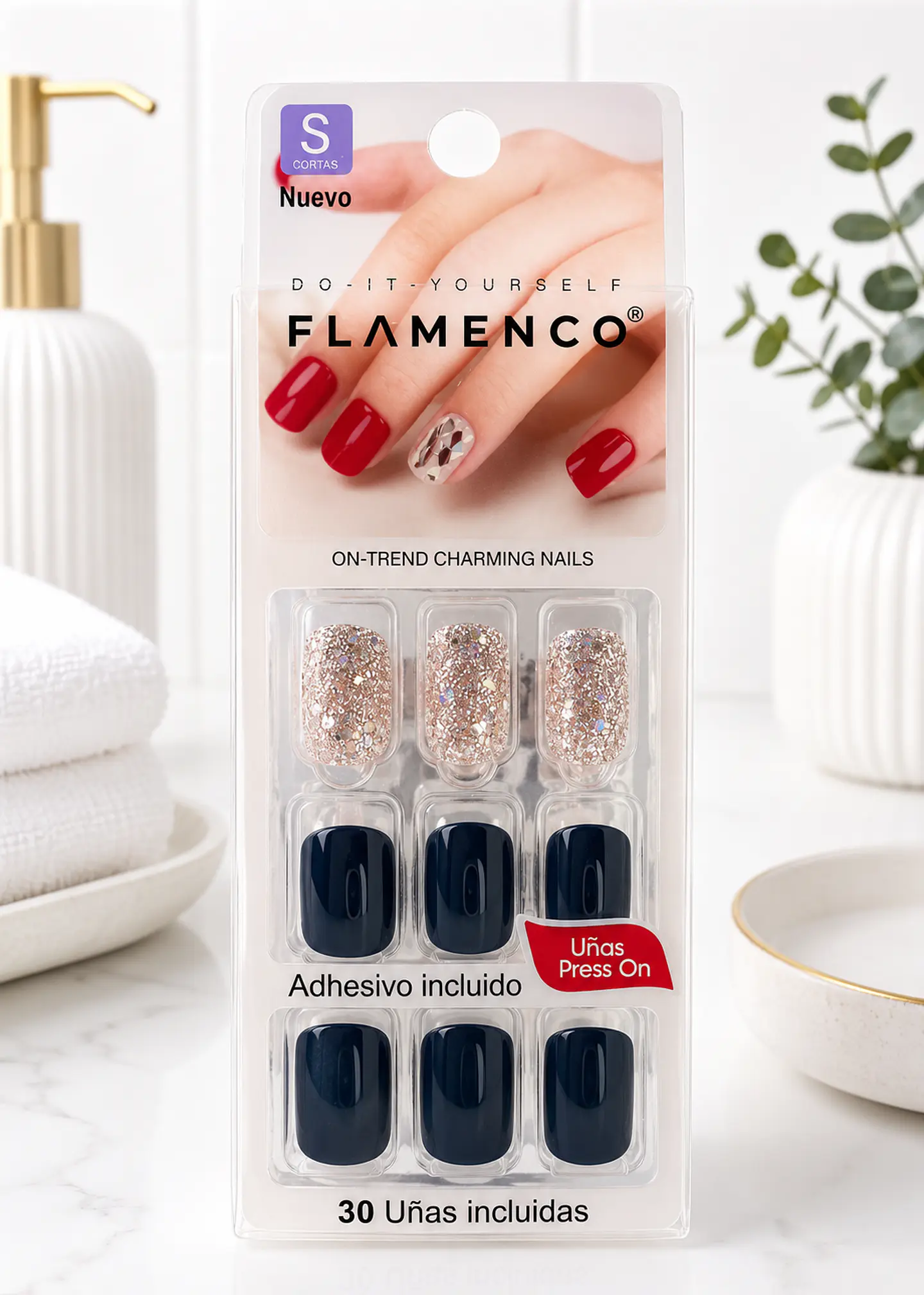 Flamenco Uñas Press On Talla S Cuadradas – 30 Unidades 1