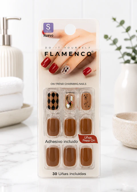 Flamenco Uñas Press On Talla S Cuadradas – 30 Unidades