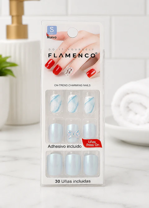 Flamenco Uñas Press On Talla S Cuadradas – 30 Unidades