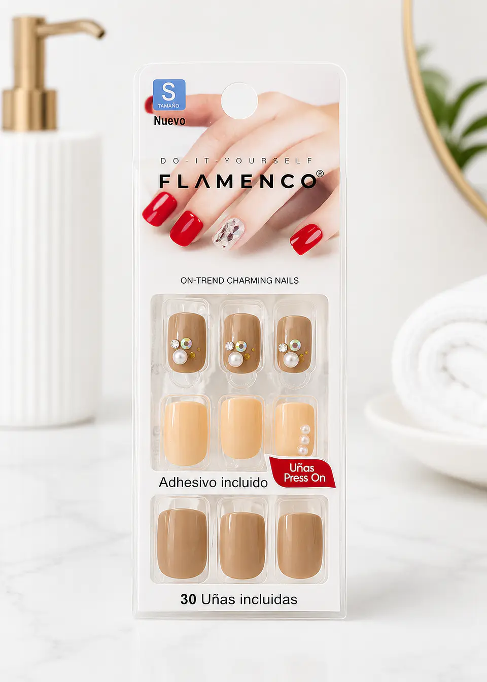 Flamenco Uñas Press On Talla S Cuadradas – 30 Unidades 1