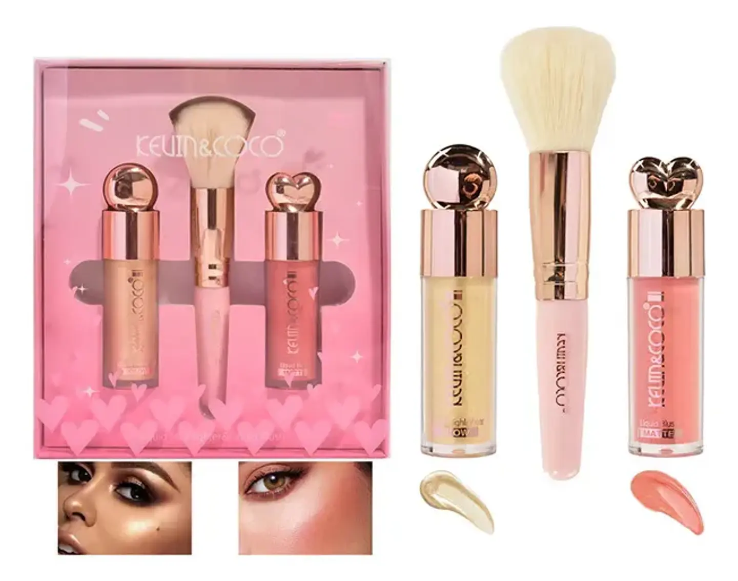 Set De Maquillaje Kevin & Coco: Rubor, Iluminador Y Brocha 2