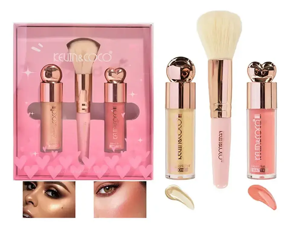 Set De Maquillaje Kevin & Coco: Rubor, Iluminador Y Brocha 2