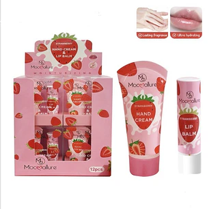 Caja con bálsamo labial y crema de mano frutilla