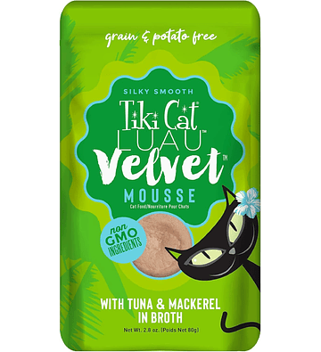 Alimento Tiki Cat Luau Velvet Mousse Atun y Caballa En Caldo 80gr Pouch