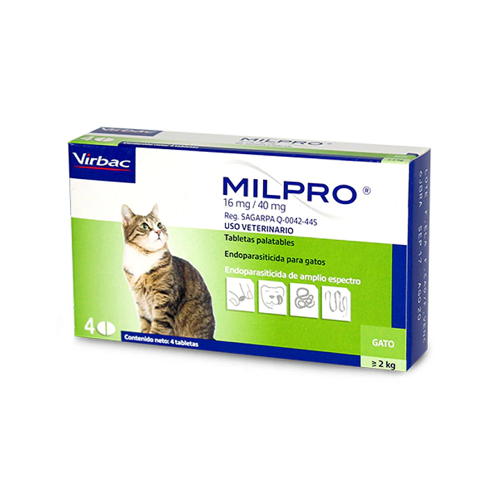 Desparasitante Milpro Gato Adulto 16mg 2-12kg X4 Tabletas 1