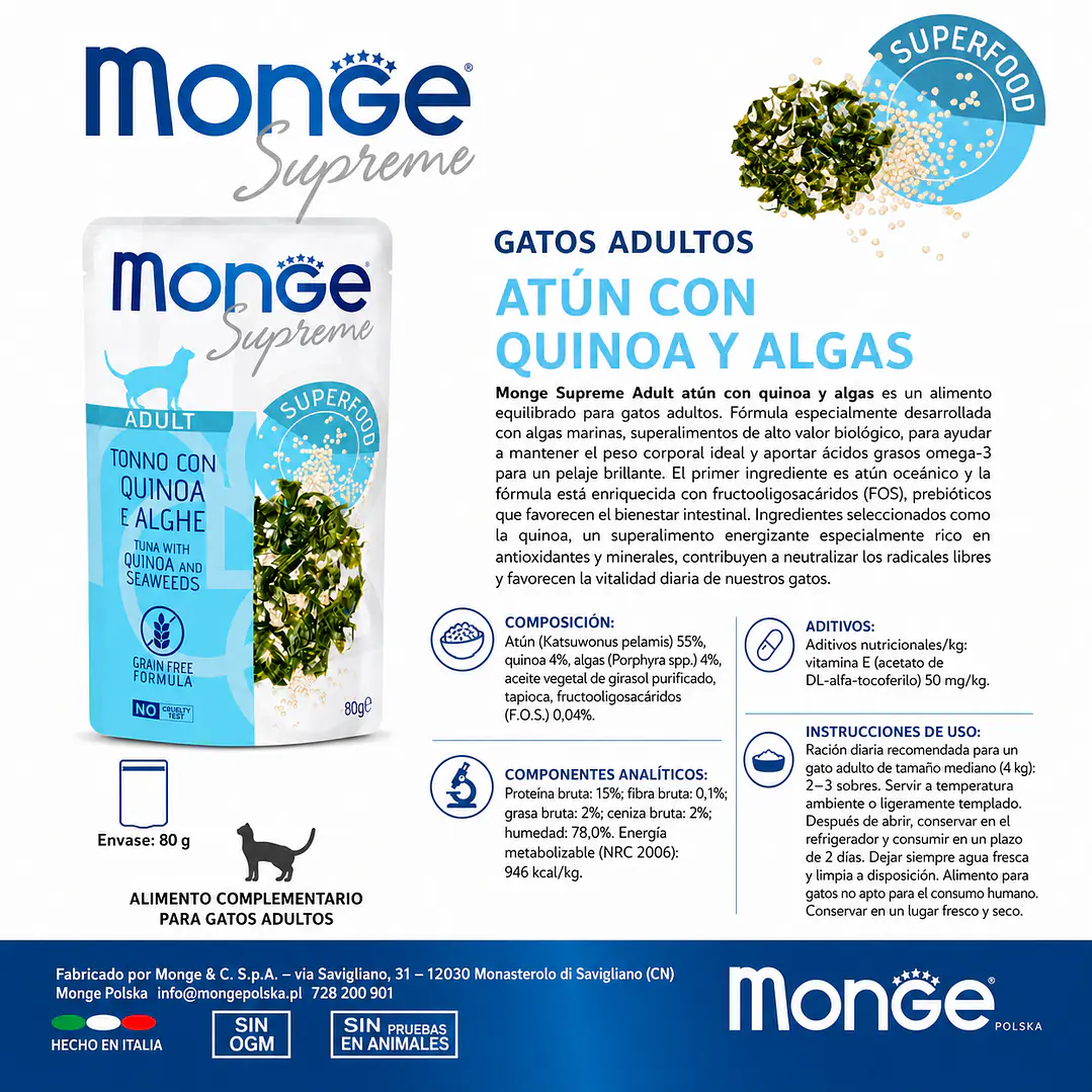 Alimento Humedo Para Gatos Monge Atun Y Quinoa 80g Pouche 2