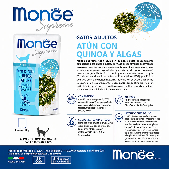 Alimento Humedo Para Gatos Monge Atun Y Quinoa 80g Pouche 2