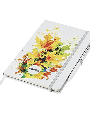 Bloco de Notas A5 Personalizado NOTECOLUR - Capa Branca com Detalhes Coloridos e Suporte para Caneta