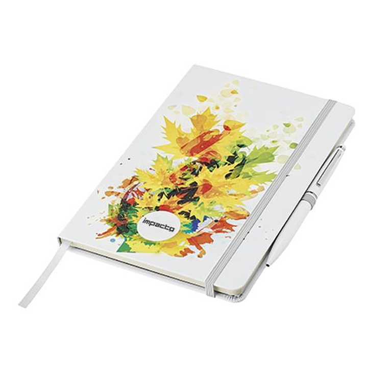 Bloco de Notas A5 Personalizado NOTECOLUR - Capa Branca com Detalhes Coloridos e Suporte para Caneta 1