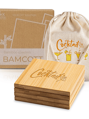 Set de 4 Bases de Bambu para Copos com Bolsa - Personalizável
