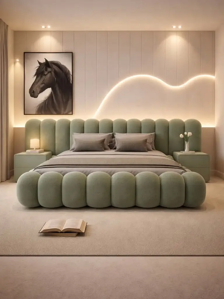 Una cama elegante y moderna, como la que tienes ahora. Texto sobre la foto: CAMAS PERÚ El descanso que mereces Diseños modernos para tu dormitorio
