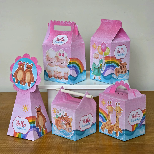 Combo Caixinhas Arca de Noé Menina Rosa - Arquivo de Corte
