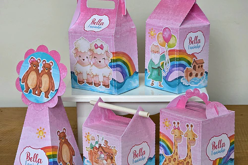Combo Caixinhas Arca de Noé Menina Rosa - Arquivo de Corte