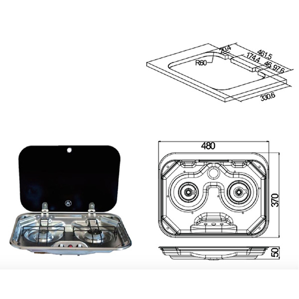 COCINA 2 QUEMADORES CON TAPA DE VIDRIO 1