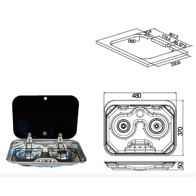 COCINA 2 QUEMADORES CON TAPA DE VIDRIO 1