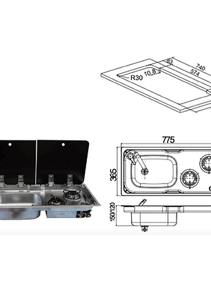 COCINA A GAS CON LAVAPLATOS Y 2 TAPAS DE VIDRIO CON GRIFO 