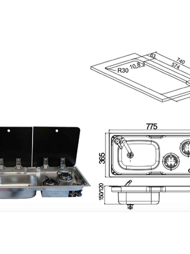 COCINA A GAS CON LAVAPLATOS Y 2 TAPAS DE VIDRIO CON GRIFO  1