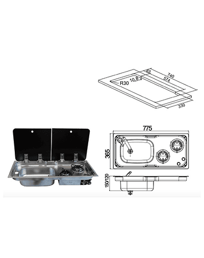 COCINA A GAS CON LAVAPLATOS Y 2 TAPAS DE VIDRIO CON GRIFO L (LAVAPLATOS A IZQUIERDA)
