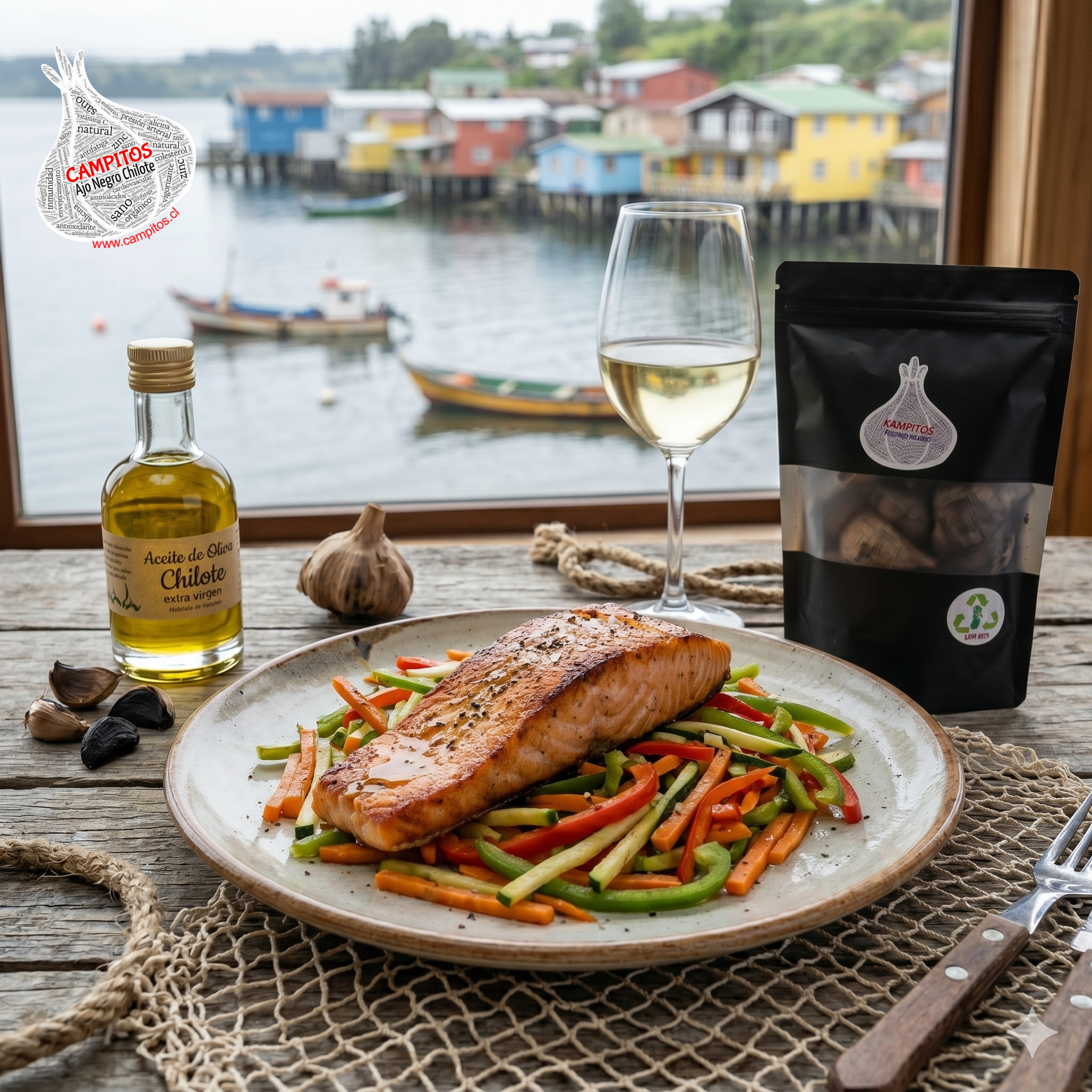🐟 Salmón a la plancha con Campitos ajo negro chilote y verduras salteadas