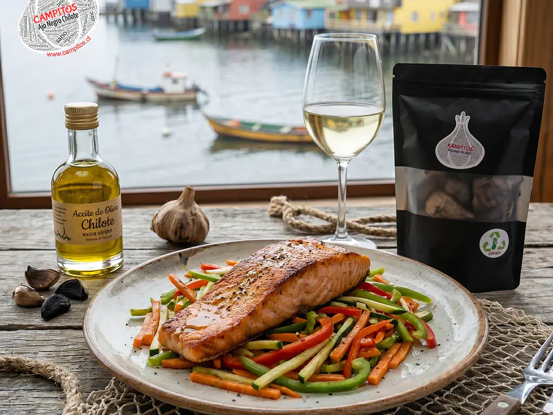 🐟 Salmón a la plancha con Campitos ajo negro chilote y verduras salteadas
