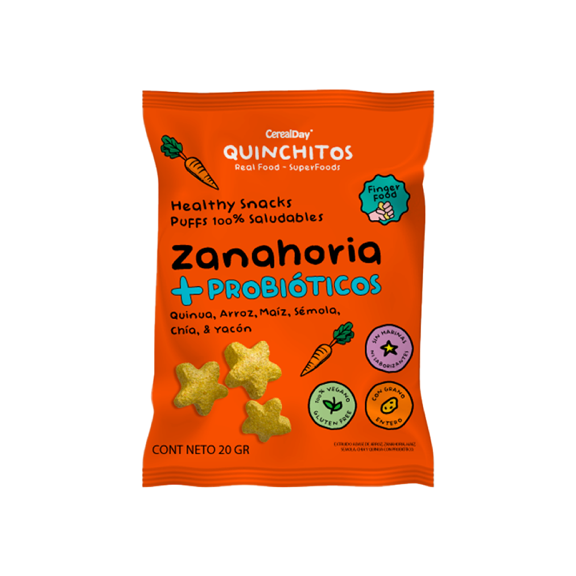 QUINCHITOS ZANAHORIA C/Probioticos - Snack 20g - Sin Octogonos 1