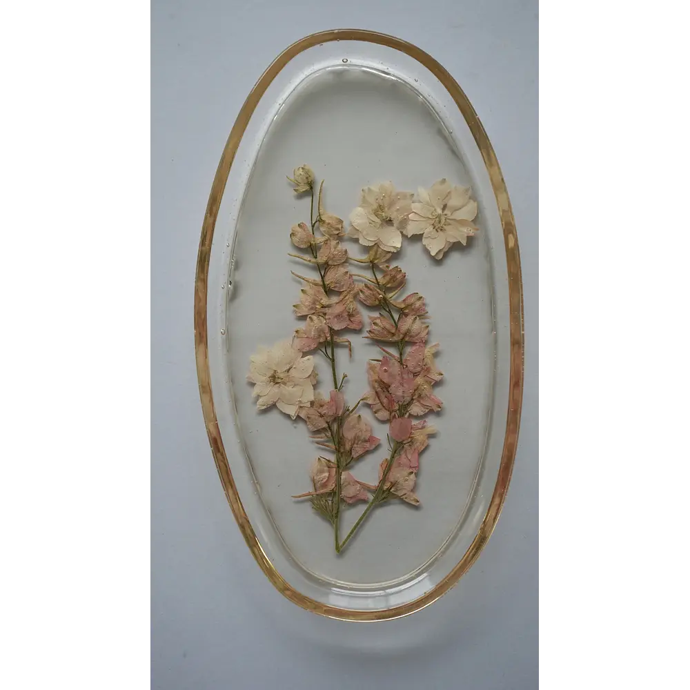 Joyero Ovalado de Resina con Flores Delphinium Rosado Claro