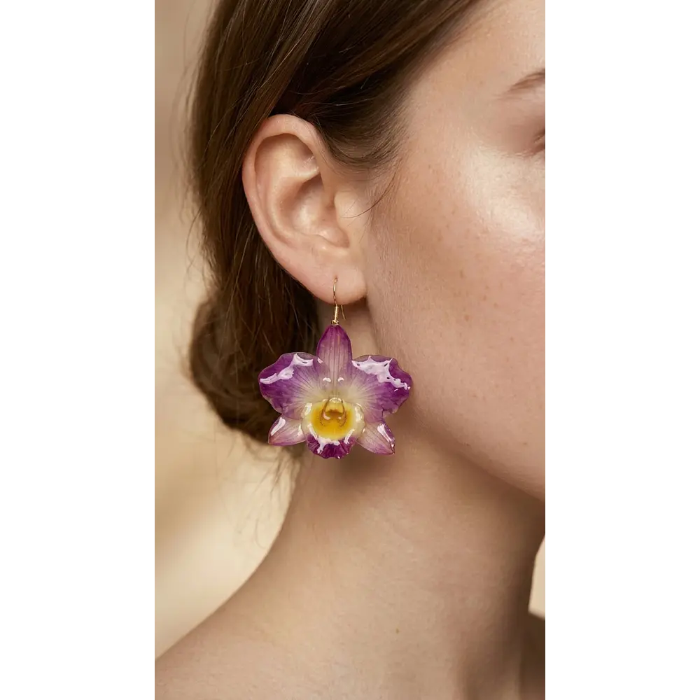 Aros de Orquídea Dendrobium Fucsia Natural en Resina | Joyería Botánica Artesanal