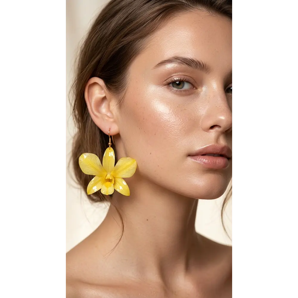 Aros de Orquídea Amarilla Natural en Resina | Joyería Botánica Artesanal