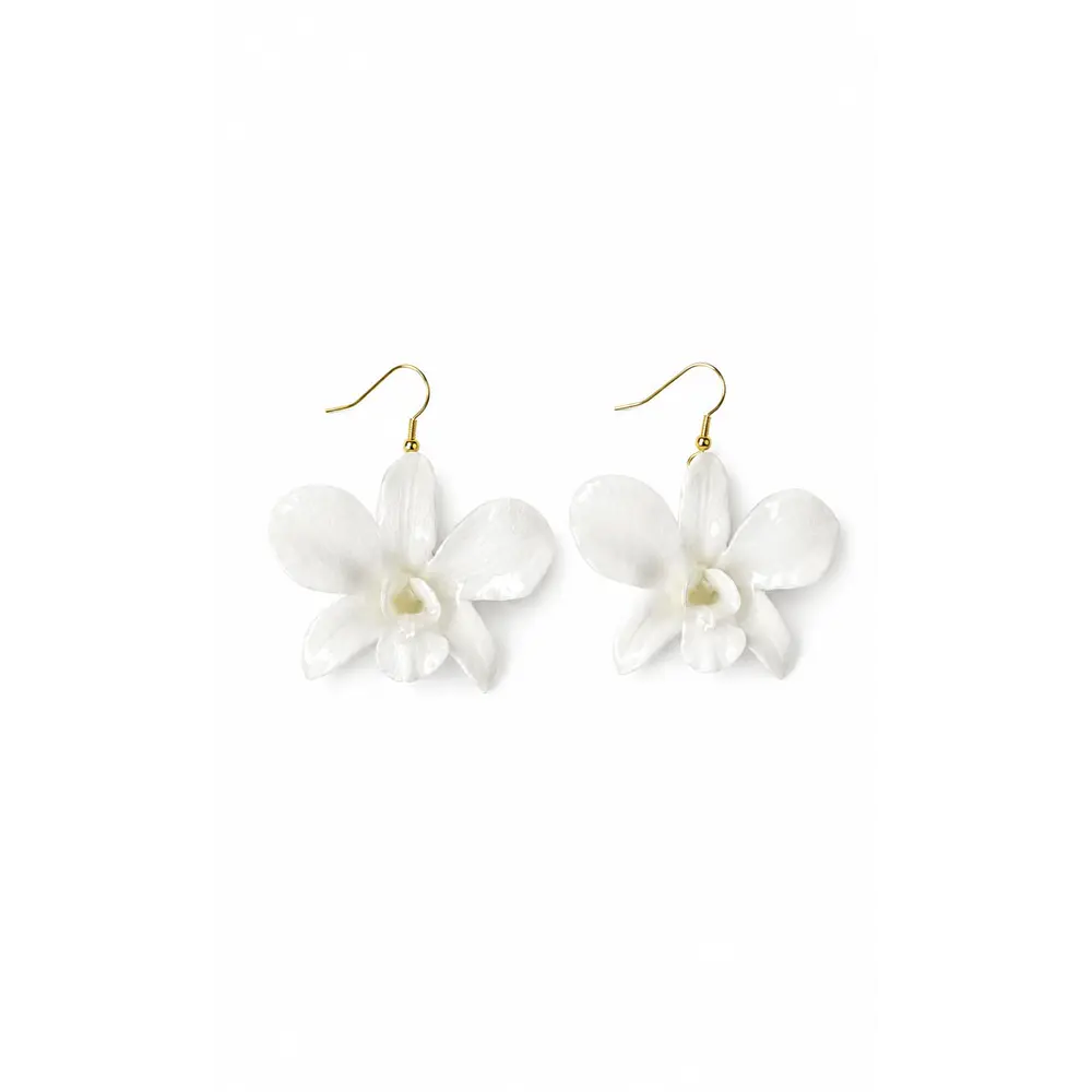 Aros de Orquídea Blanca Natural en Resina | Joyería Botánica Artesanal