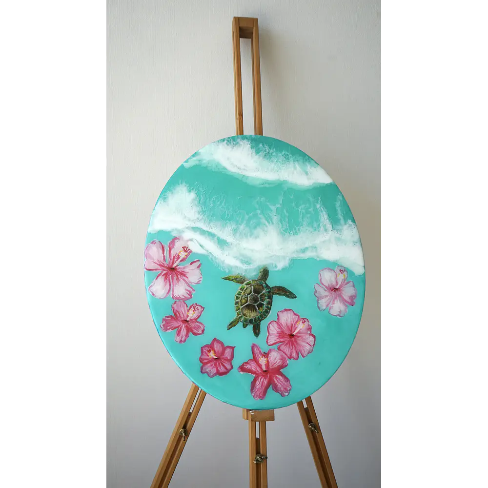 Tortuga en Flor – Cuadro Marino de Resina Epóxica | 40x50 cm