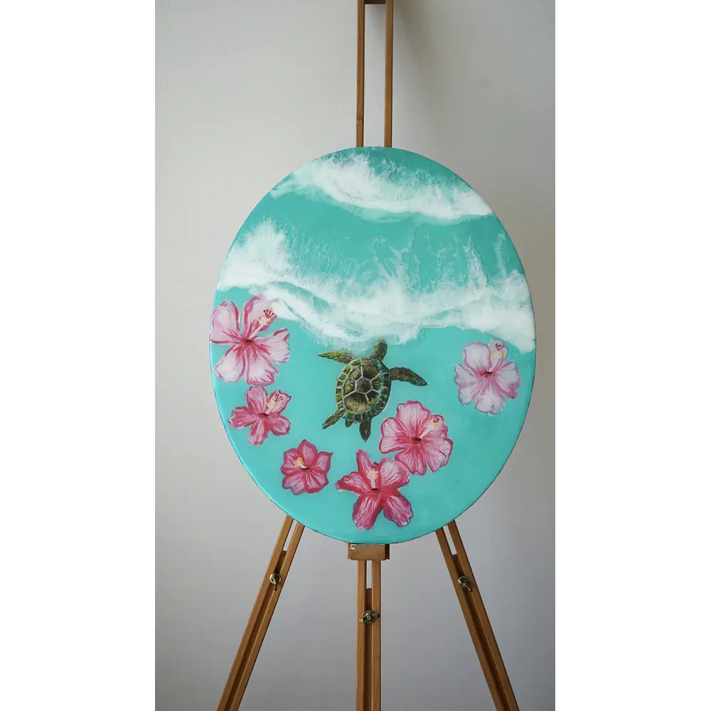 Tortuga en Flor – Cuadro Marino de Resina Epóxica | 40x50 cm
