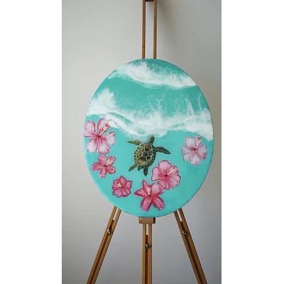 Tortuga en Flor – Cuadro Marino de Resina Epóxica | 40x50 cm