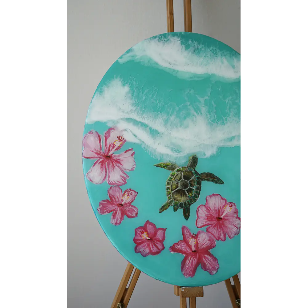 Tortuga en Flor – Cuadro Marino de Resina Epóxica | 40x50 cm