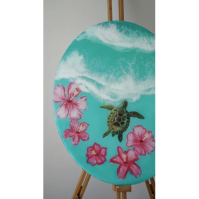 Tortuga en Flor – Cuadro Marino de Resina Epóxica | 40x50 cm