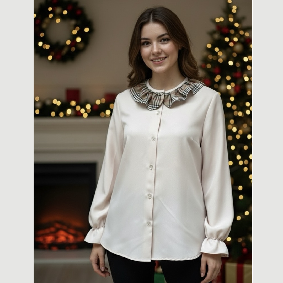 Blusa #Bege com Pormenores em #XadrezBege | Adulto 1