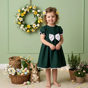 Vestido Antonela #VerdeGarrafa com laço #Branco