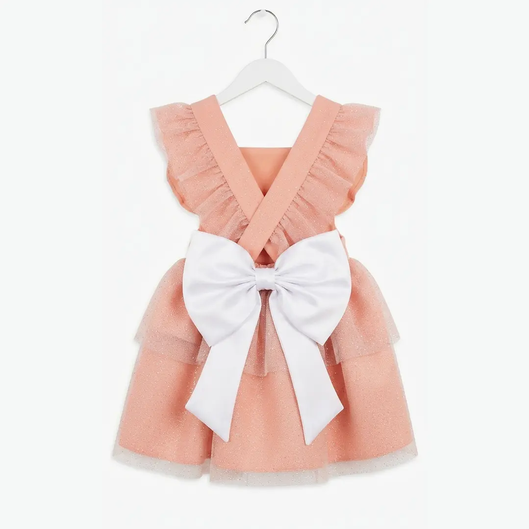 Vestido/Fofo Constança c/tule #Salmão com laço Rabo de Peixe #Branco 1