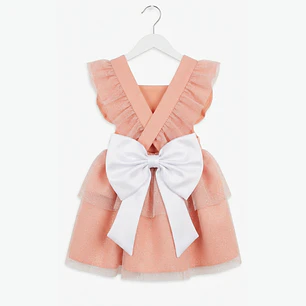 Vestido/Fofo Constança c/tule #Salmão com laço Rabo de Peixe #Branco