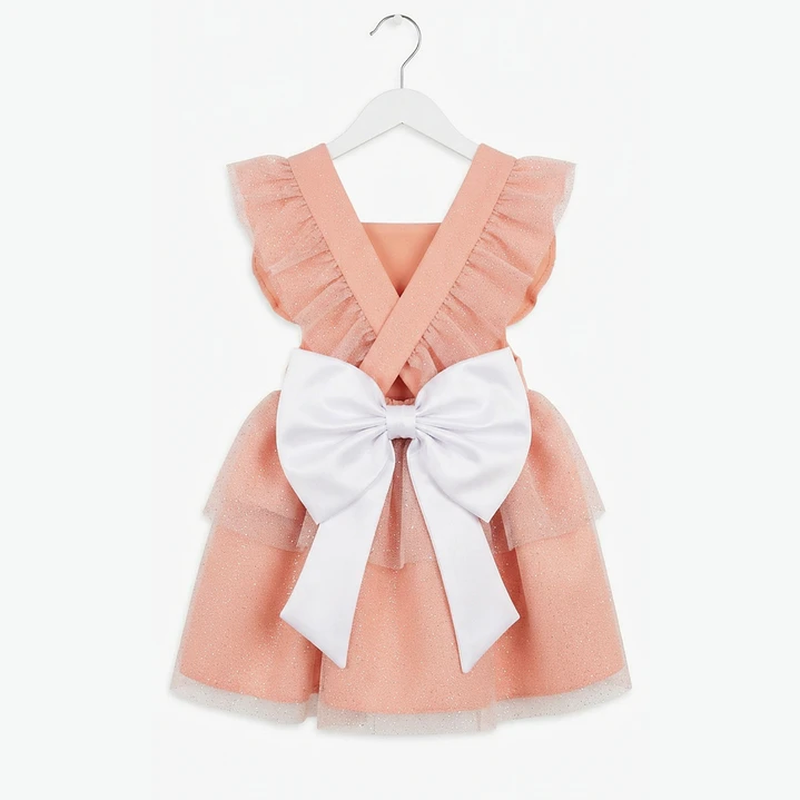 Vestido/Fofo Constança c/tule #Salmão com laço Rabo de Peixe #Branco 1