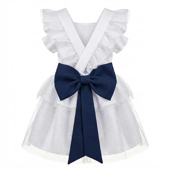 Vestido/Fofo Constança c/tule #Branco com laço Rabo de Peixe #AzulMarinho 1
