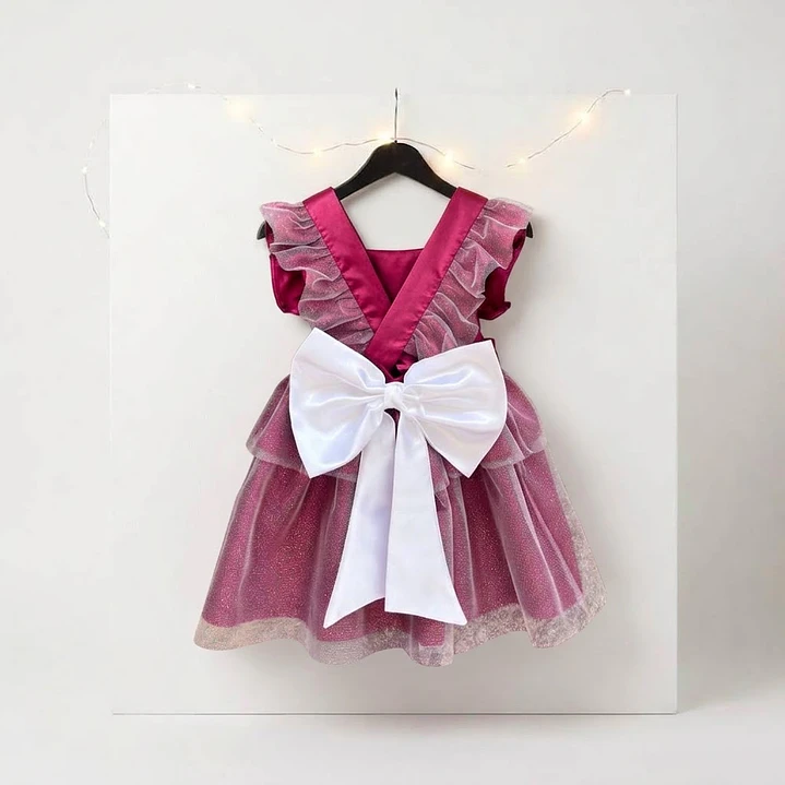 Vestido/Fofo Constança com tule em CETIM #Bordô com laço Rabo de Peixe #Bordô 1