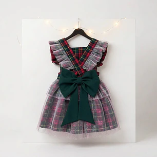 Vestido/Fofo Constança c/tule #XadrezVerde com laço Rabo de Peixe #VerdeGarrafa