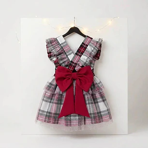 Vestido/Fofo Constança c/tule #XadrezBranco&Vermelho com laço Rabo de Peixe #Vermelho