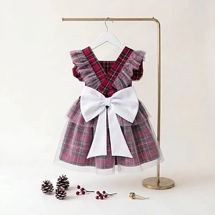 Vestido/Fofo Constança c/tule #XadrezVermelho com laço Rabo de Peixe #Branco